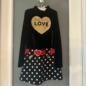 Black velvety Dress-gold sequin love heart- polkadot bottom&red belt